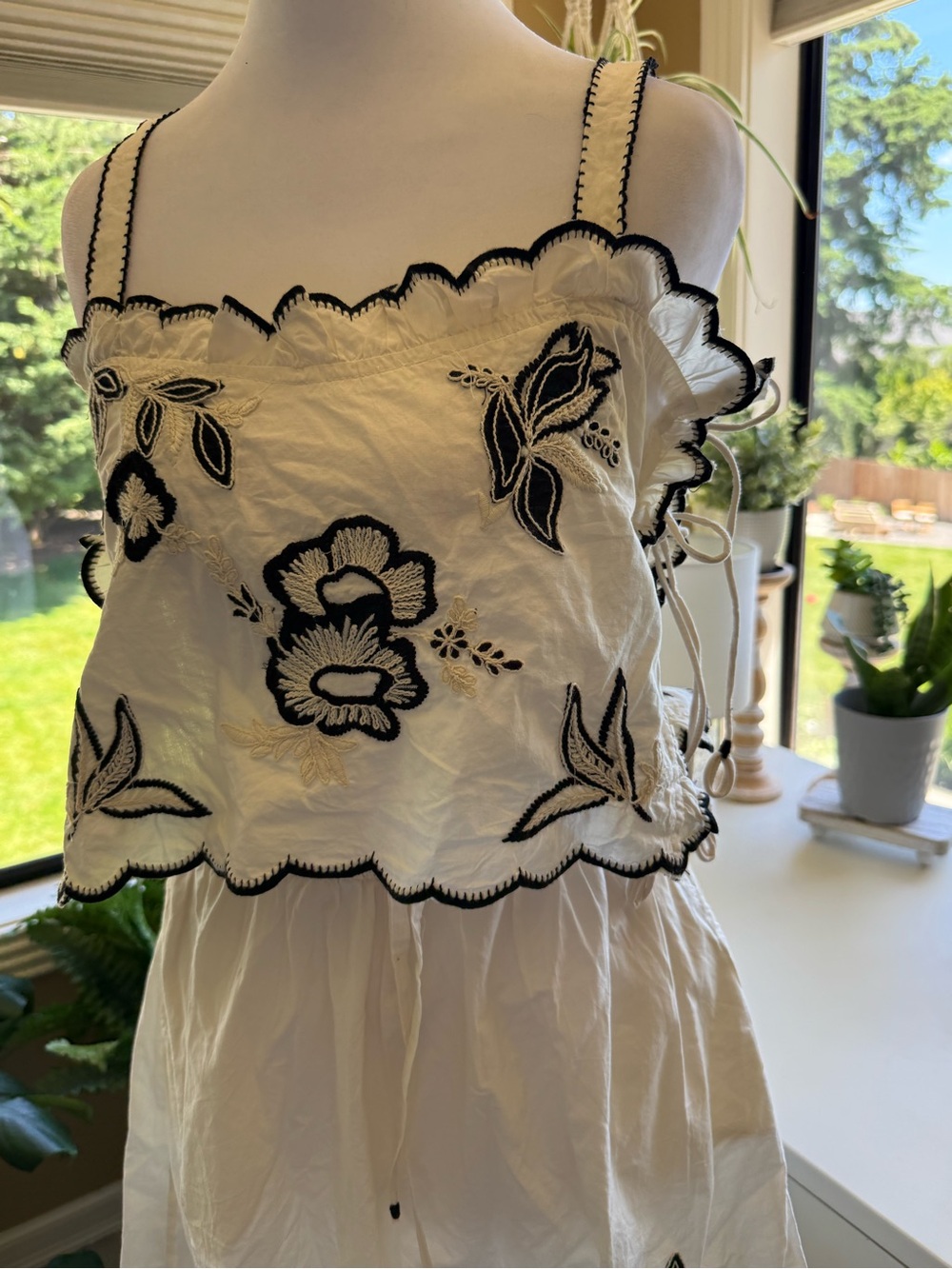 White Scalloped Embroidered Crop Top and shorts set with Black Floral Detail